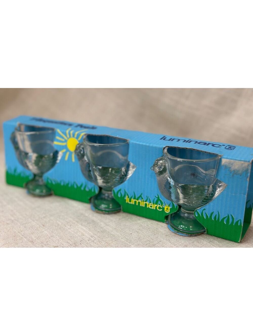 NIB 3 Vintage Clear Glass Luminarc Chicken Hen Egg Cups Holders Glasses France